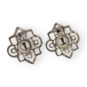 Vintage Art Deco Pewter Earrings Open Work Geometric Clip On Silver Tone 1 1/8"